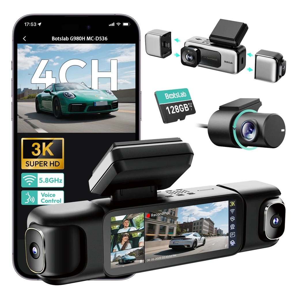 Dashcam Botslab G980H 4 Canaux 560° Caméra Voiture Avant/Arrière/Gauche/Droite Vision Nocturne GPS Contrôle Vocal Surveillance Parking